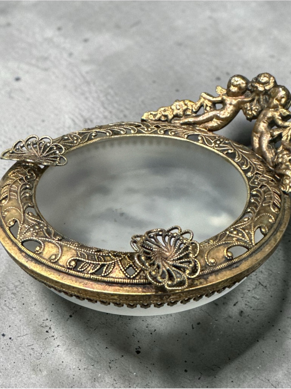 Vintage Ornate Brass Cherub Round ashtray with frosted glass bottom Great Find!